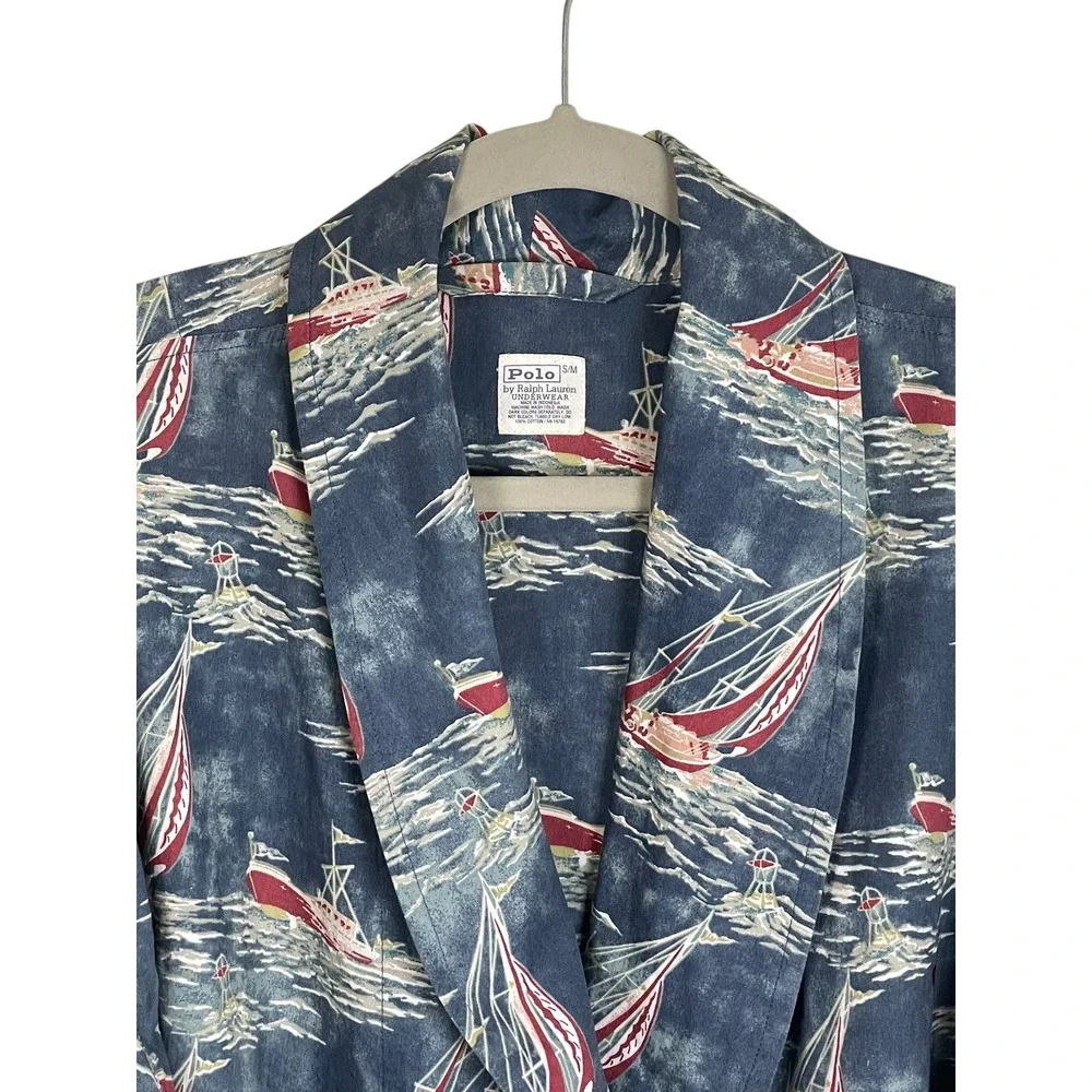 Polo Ralph Lauren‎ 90s Y2K Mens Robe Blue Boat Yacht Print Cotton S/M Nautical